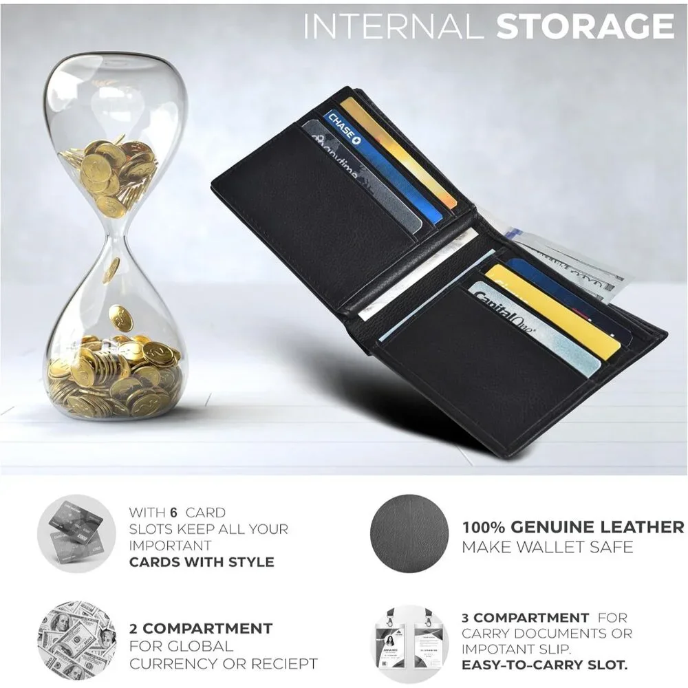 Leather Wallet for Men - RFID Bifold Wallets with 9 Credit Cards 1 ID Window